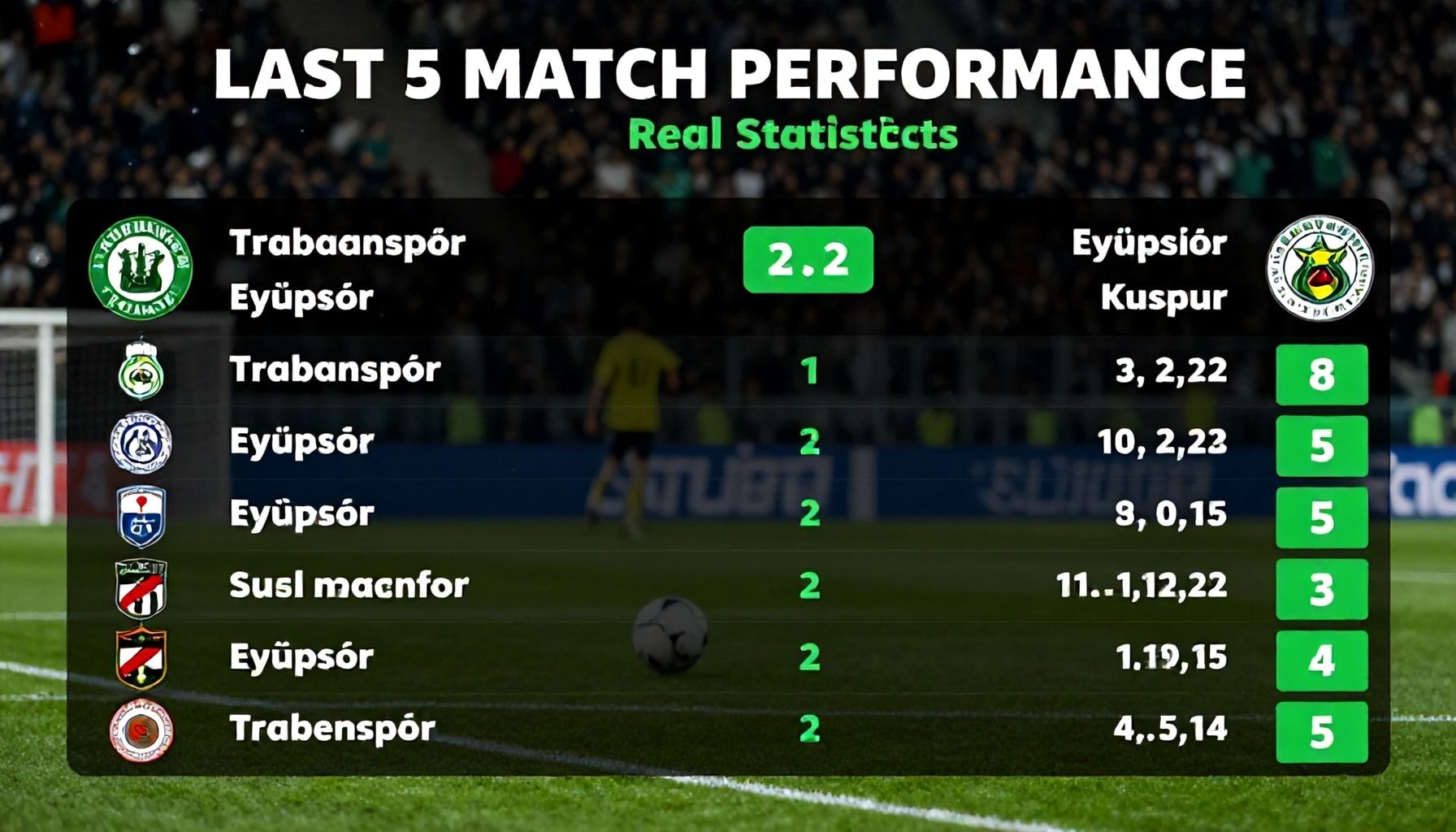 Trabzonspor ve Eyüpspor'un Son 5 Maç Performansı: Gerçek İstatistikler*